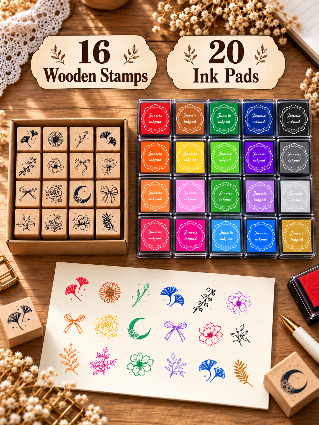 Timbri botanici in legno e tamponi d’inchiostro colorati – Set per journaling e scrapbooking