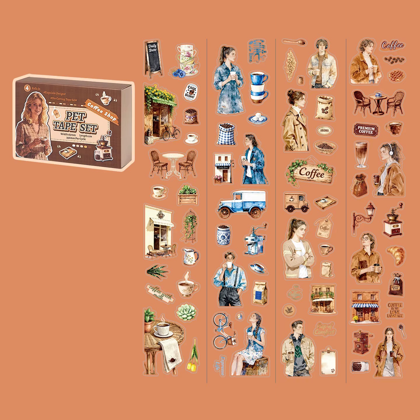 Zestaw taśm PET vintage do journalingu – 4 rolki do journalingu i scrapbookingu