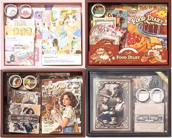 Estetická sada na scrapbooking – útulná káva, vintage čaj, dezerty a roztomilé potřeby pro psaní deníku