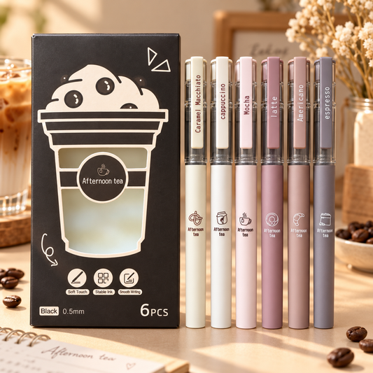 Coffee-Themed Rollerball Pen Set – 6 Black Ink 0.5mm Pens | Afternoon Tea