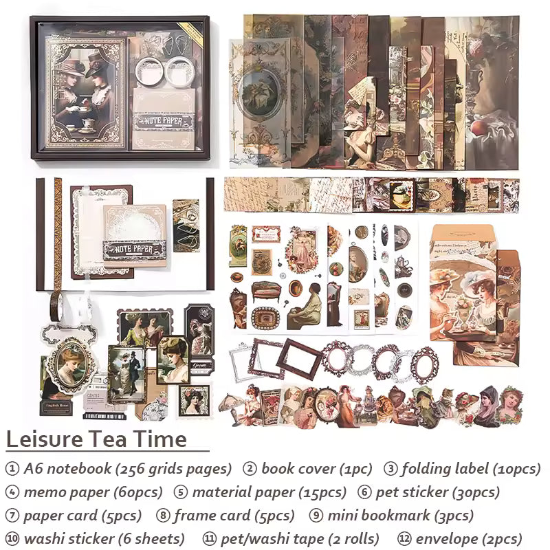 Estetická sada na scrapbooking – útulná káva, vintage čaj, dezerty a roztomilé potřeby pro psaní deníku