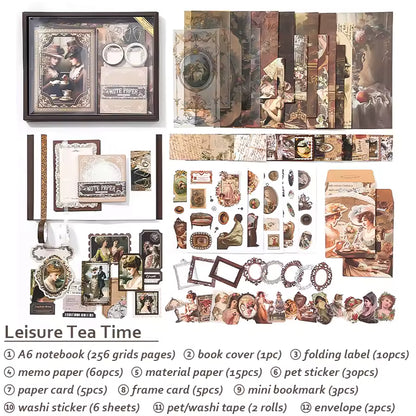 Aesthetic Scrapbook Kit Set – Cozy Coffee, Vintage Tea, Dessert & Cute Journaling Supplies