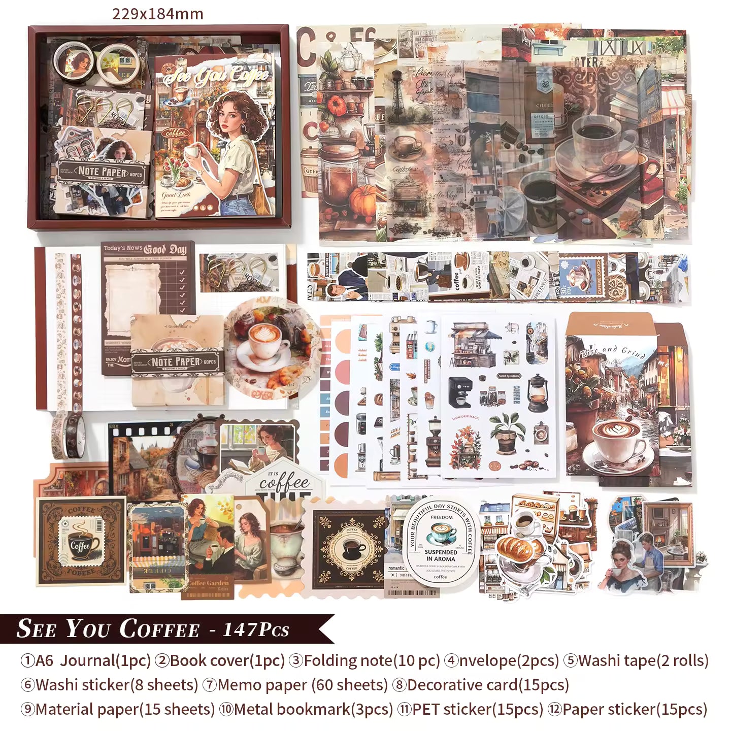 Estetická sada na scrapbooking – útulná káva, vintage čaj, dezerty a roztomilé potřeby pro psaní deníku