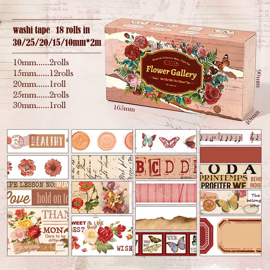 Zestaw taśm Washi w stylu vintage - 18 rolek do journalingu i scrapbookingu