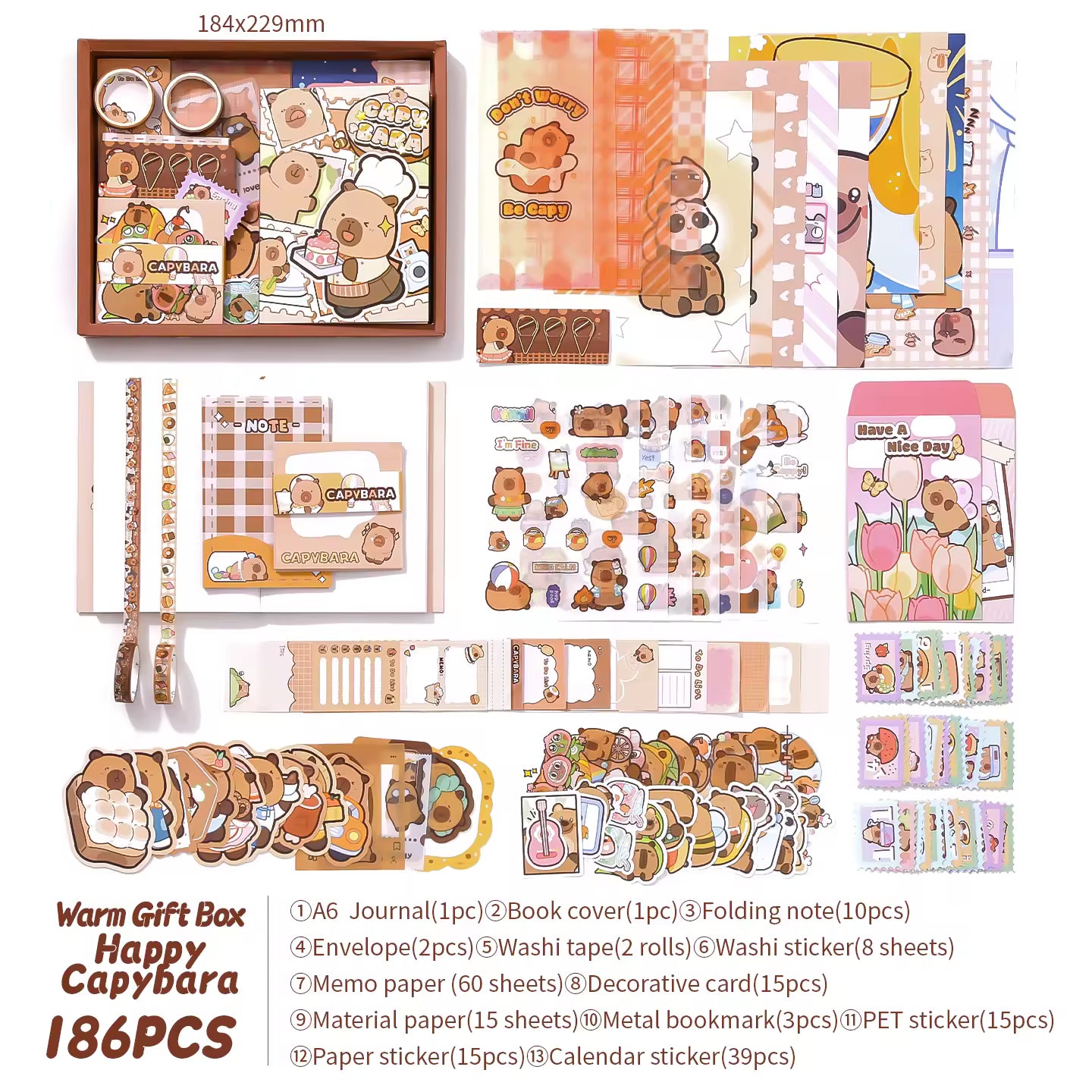 Roztomilá kawaii sada na scrapbooking – kočka, kapybara, fantasy anime a panda pro psaní deníku (4 styly)