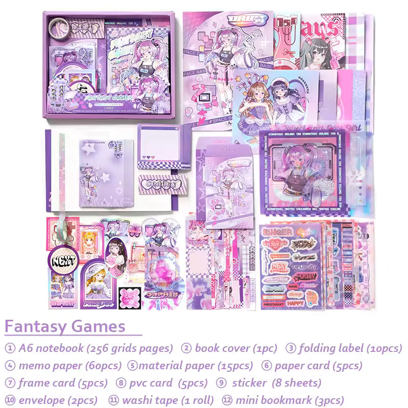 Roztomilá kawaii sada na scrapbooking – kočka, kapybara, fantasy anime a panda pro psaní deníku (4 styly)