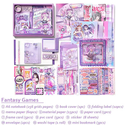 Roztomilá kawaii sada na scrapbooking – kočka, kapybara, fantasy anime a panda pro psaní deníku (4 styly)