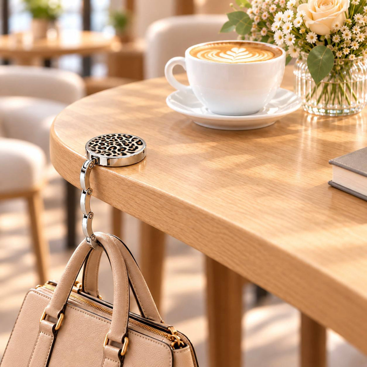 Gancho plegable estampado para bolso - colgador portátil para bolsos de mesa