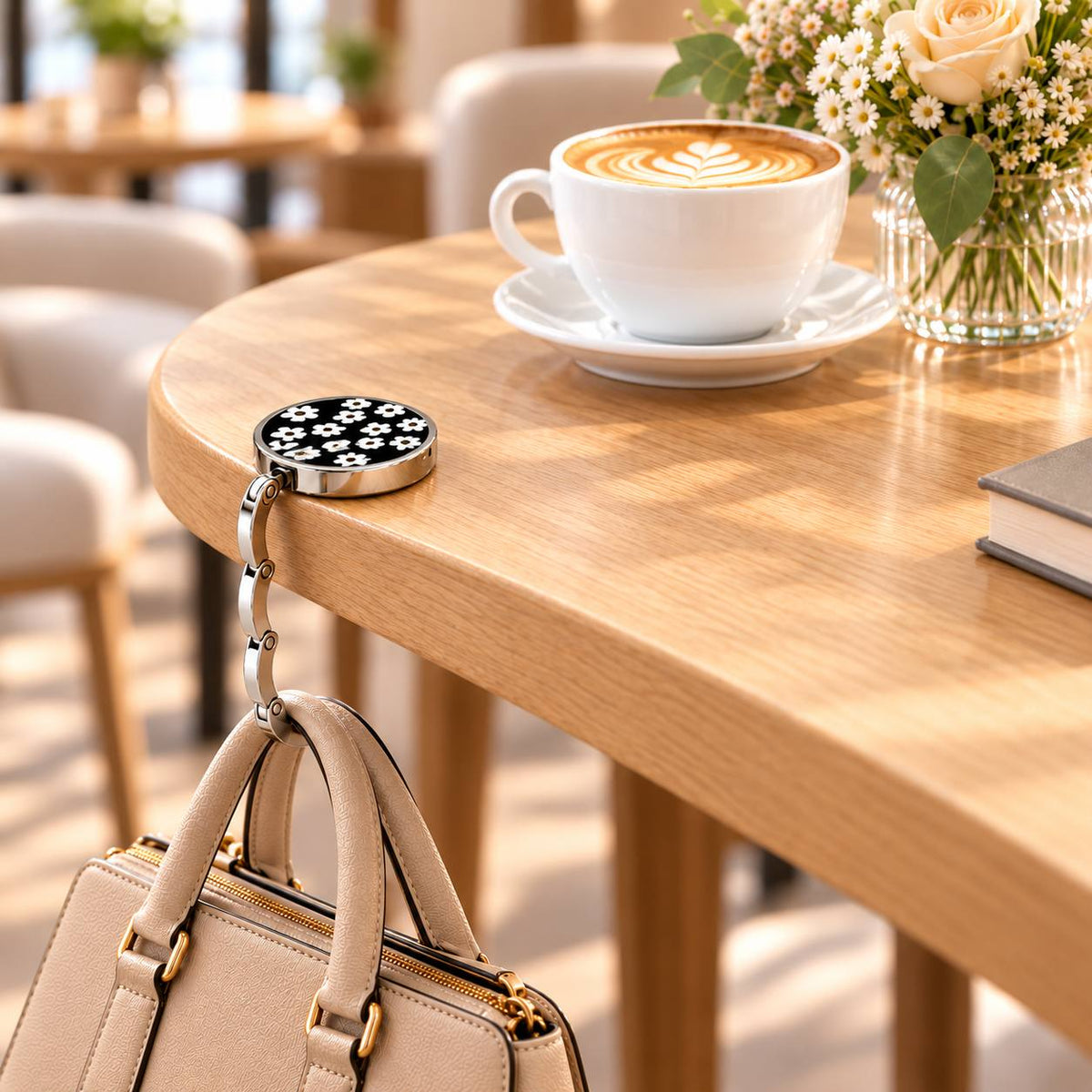Gancho plegable estampado para bolso - colgador portátil para bolsos de mesa